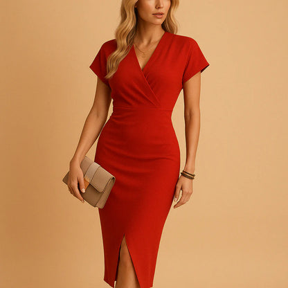 Women’s V-Neck Midi Dress with Side Slit and Wrap Front