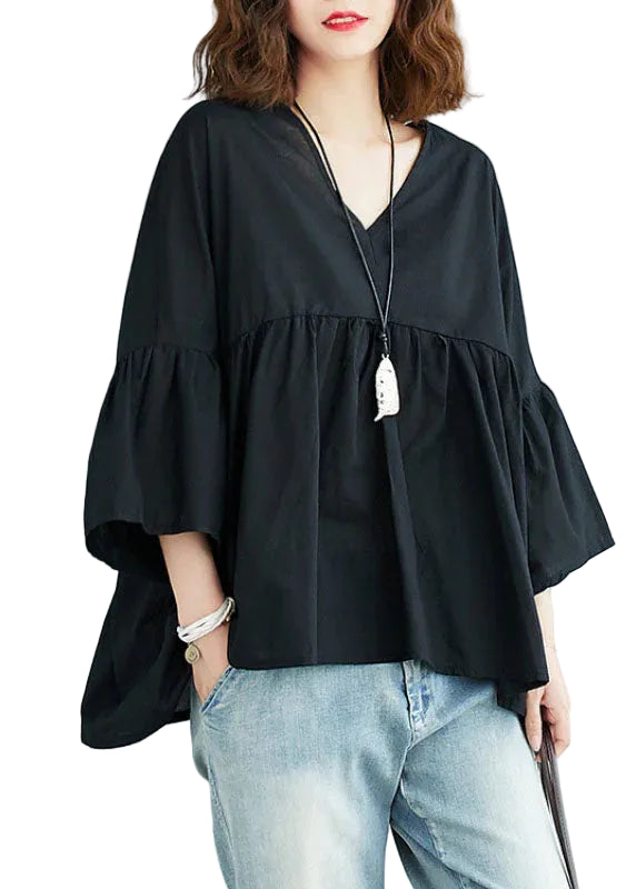 Women’s V-Neck Tunic Top with Ruffle Hem and 3/4 Sleeves