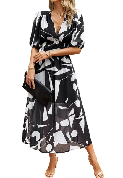 Women’s V-Neck Midi Dress with Short Sleeves and A Line Shape