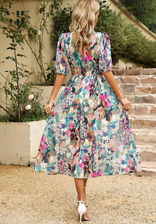 Women’s V-Neck Midi Dress with Short Sleeves and A Line Shape