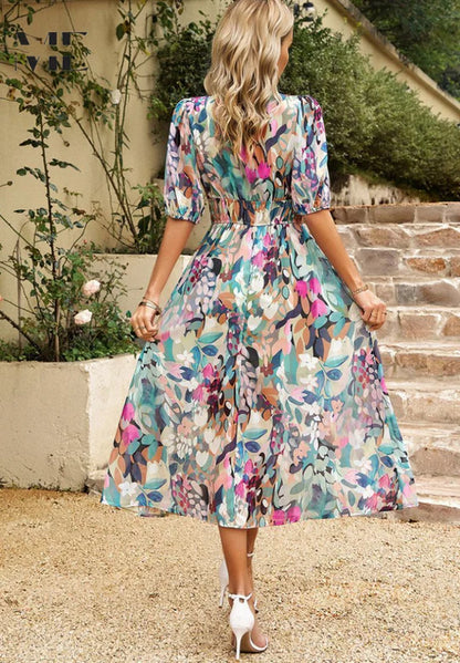 Women’s V-Neck Midi Dress with Short Sleeves and A Line Shape
