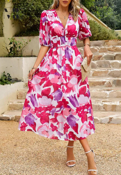 Women’s V-Neck Midi Dress with Short Sleeves and A Line Shape