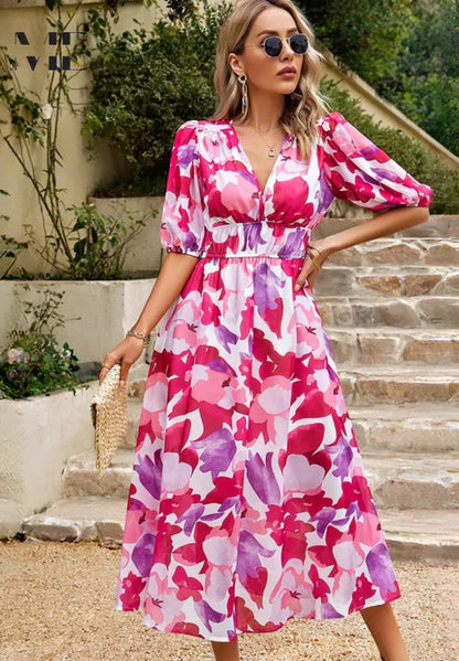 Women’s V-Neck Midi Dress with Short Sleeves and A Line Shape