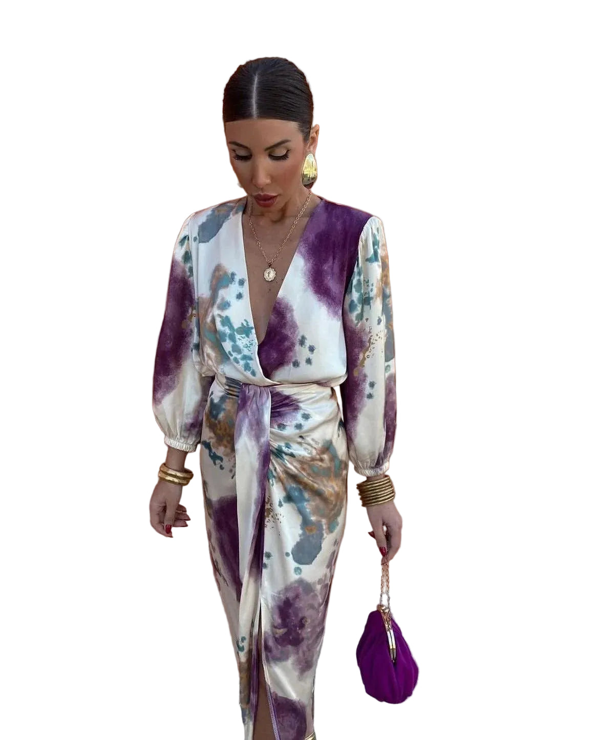 Women’s Wrap Midi Dress with V-Neck and All-Over Abstract Pattern