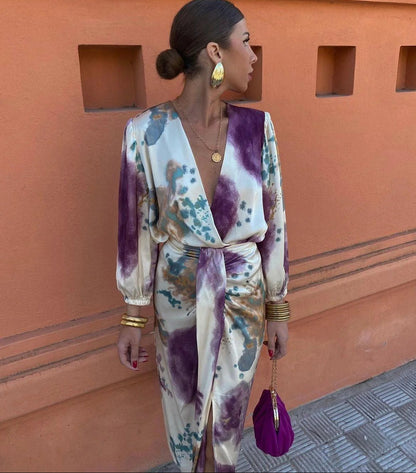 Women’s Wrap Midi Dress with V-Neck and All-Over Abstract Pattern