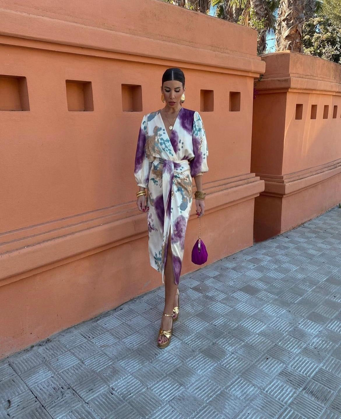 Women’s Wrap Midi Dress with V-Neck and All-Over Abstract Pattern