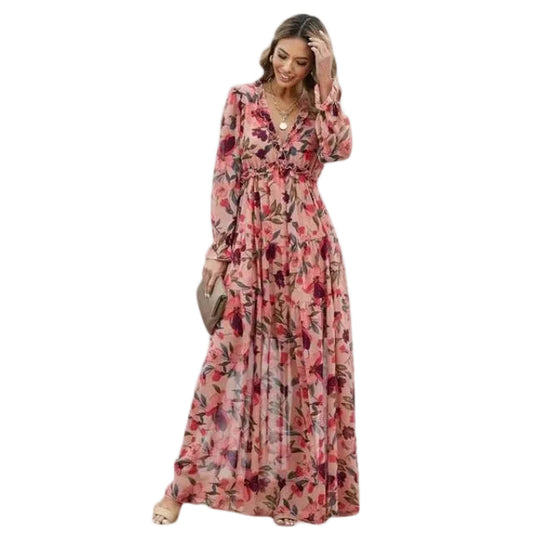 Women’s Wrap Style Maxi Dress with V-neck and Floral Design