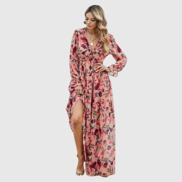 Women’s Wrap Style Maxi Dress with V-neck and Floral Design
