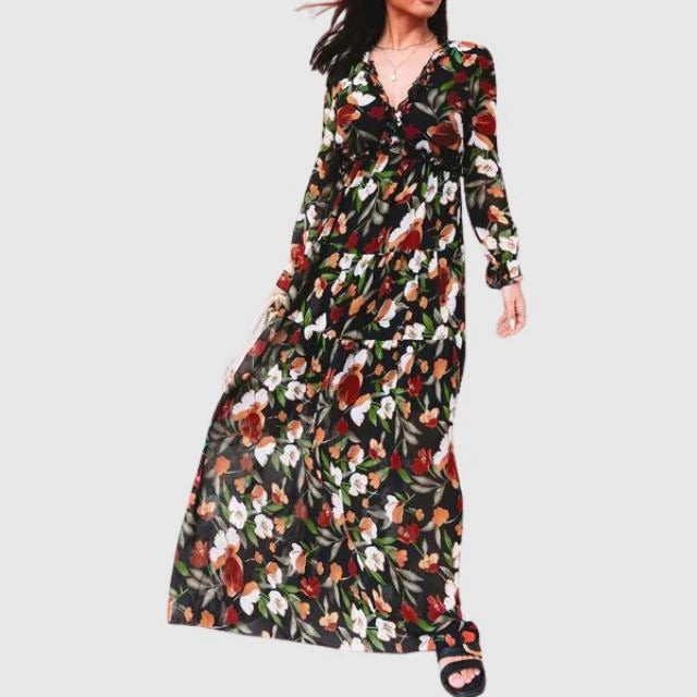 Women’s Wrap Style Maxi Dress with V-neck and Floral Design