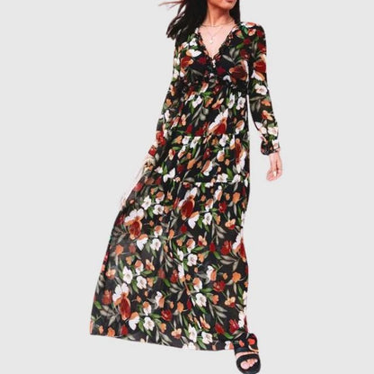 Women’s Wrap Style Maxi Dress with V-neck and Floral Design