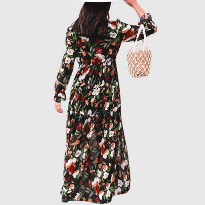 Women’s Wrap Style Maxi Dress with V-neck and Floral Design