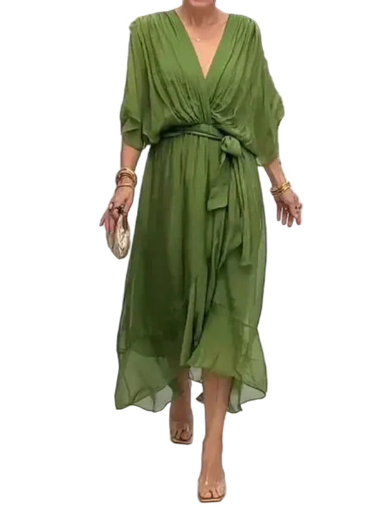 Women’s Wrap Style Midi Dress with Elbow-Length Sleeves and Flared Skirt