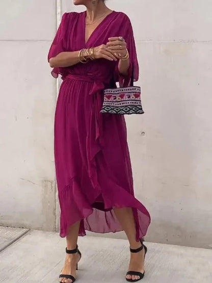 Women’s Wrap Style Midi Dress with Elbow-Length Sleeves and Flared Skirt
