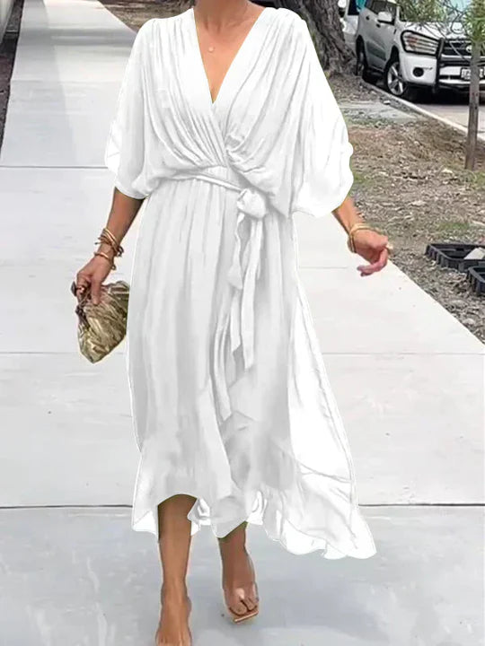 Women’s Wrap Style Midi Dress with Elbow-Length Sleeves and Flared Skirt