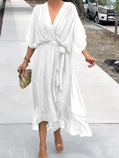 Women’s Wrap Style Midi Dress with Elbow-Length Sleeves and Flared Skirt