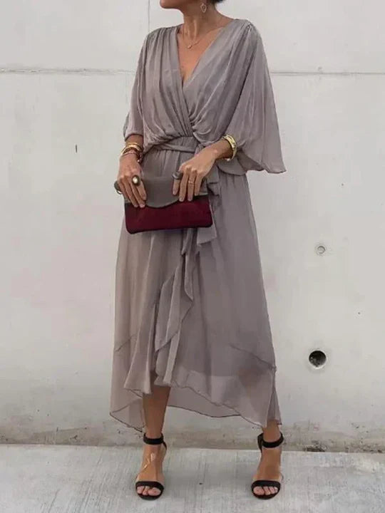 Women’s Wrap Style Midi Dress with Elbow-Length Sleeves and Flared Skirt
