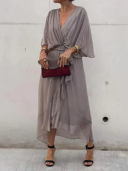 Women’s Wrap Style Midi Dress with Elbow-Length Sleeves and Flared Skirt