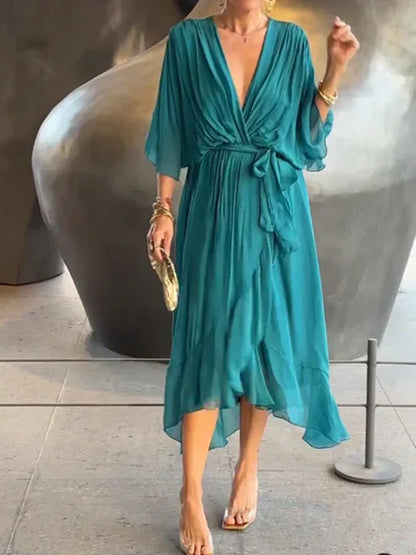 Women’s Wrap Style Midi Dress with Elbow-Length Sleeves and Flared Skirt