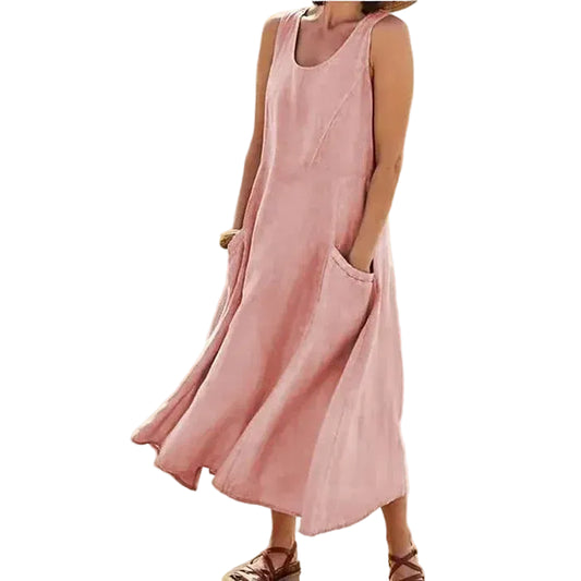 Women’s A-Line Midi Dress with Round Neck and Side Pockets