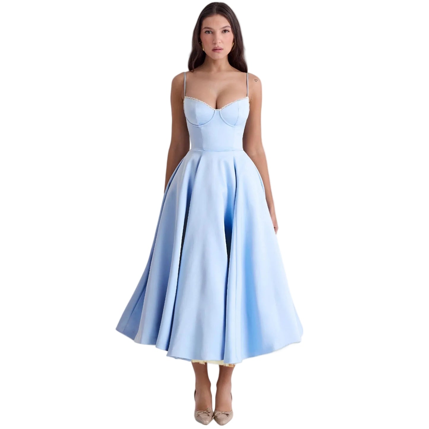 Women’s A-Line Midi Dress with Spaghetti Straps and Sweetheart Neckline