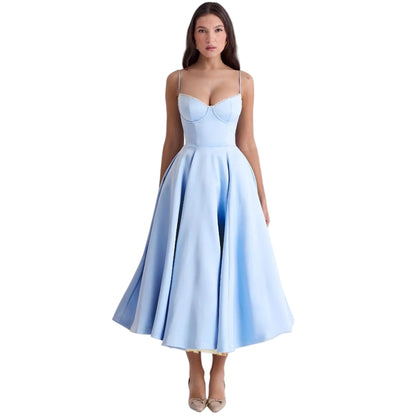 Women’s A-Line Midi Dress with Spaghetti Straps and Sweetheart Neckline