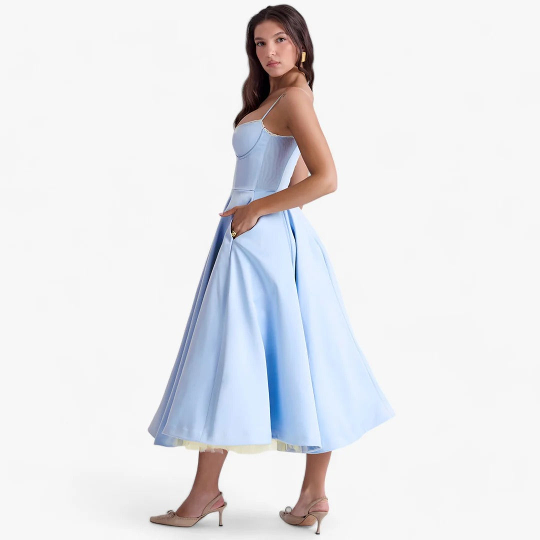 Women’s A-Line Midi Dress with Spaghetti Straps and Sweetheart Neckline