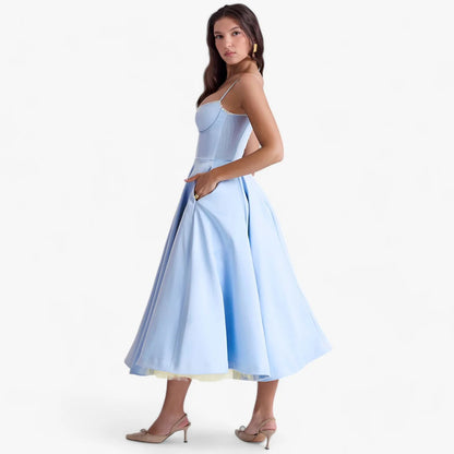 Women’s A-Line Midi Dress with Spaghetti Straps and Sweetheart Neckline