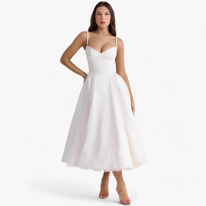Women’s A-Line Midi Dress with Spaghetti Straps and Sweetheart Neckline