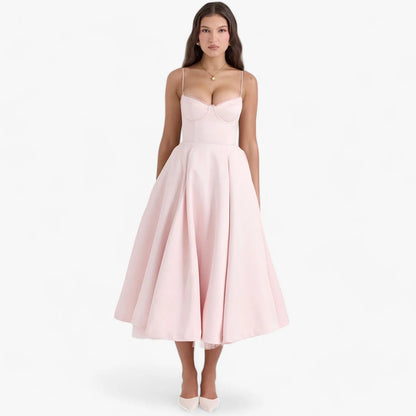 Women’s A-Line Midi Dress with Spaghetti Straps and Sweetheart Neckline