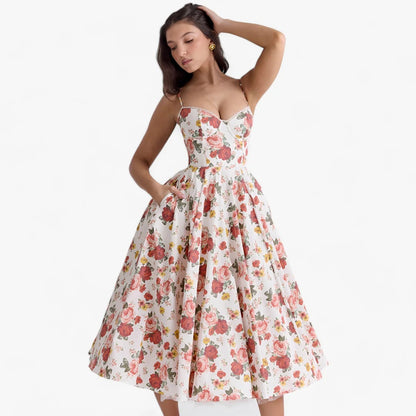 Women’s A-Line Midi Dress with Spaghetti Straps and Sweetheart Neckline