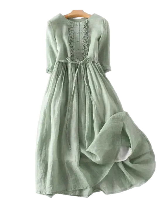 Women’s A-Line Midi Dress with Tie Waist and Ruffle Trim