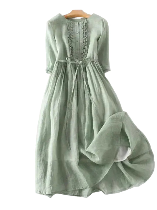 Women’s A-Line Midi Dress with Tie Waist and Ruffle Trim