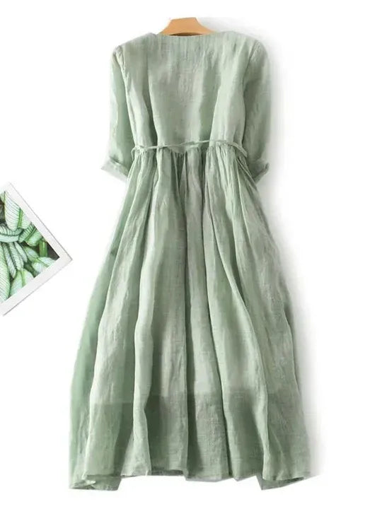 Women’s A-Line Midi Dress with Tie Waist and Ruffle Trim