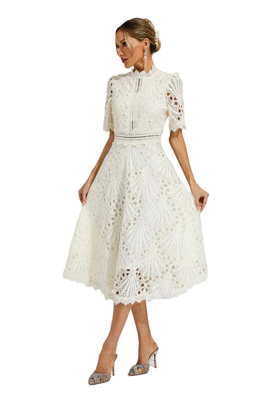 Women’s A Line Dress with Lace Overlay and Fitted Waist