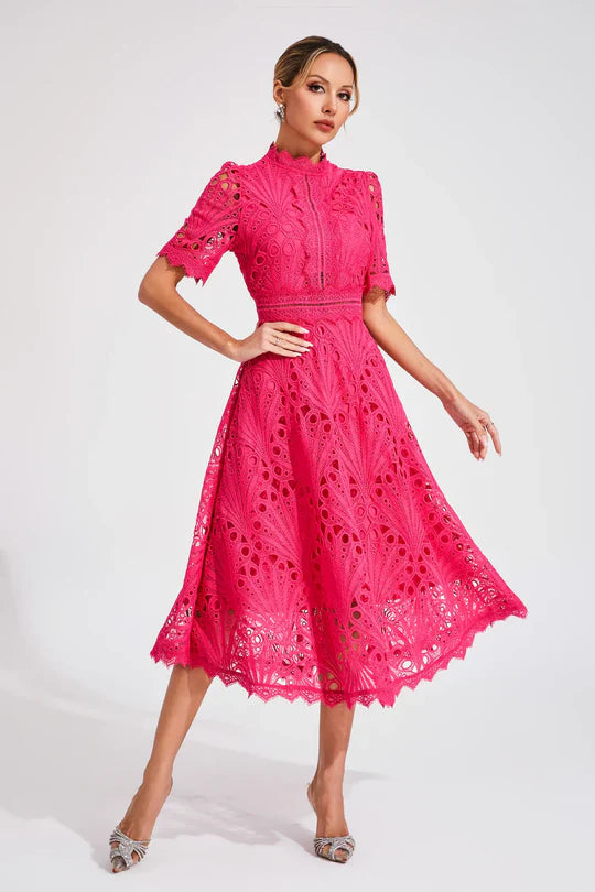 Women’s A Line Dress with Lace Overlay and Fitted Waist