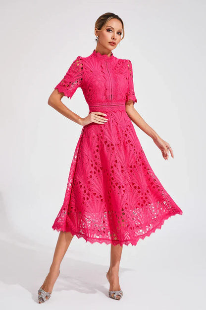 Women’s A Line Dress with Lace Overlay and Fitted Waist