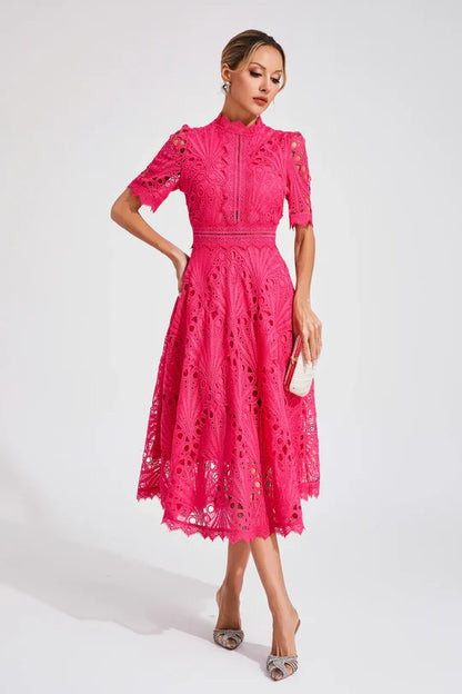 Women’s A Line Dress with Lace Overlay and Fitted Waist