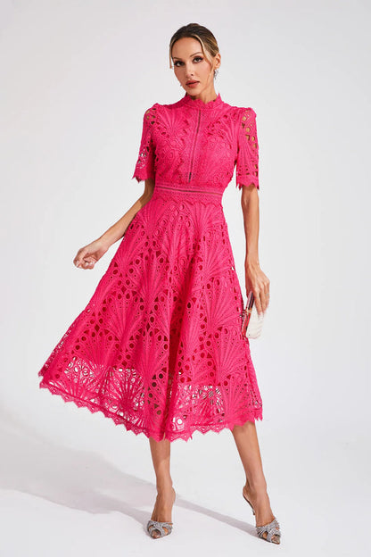 Women’s A Line Dress with Lace Overlay and Fitted Waist