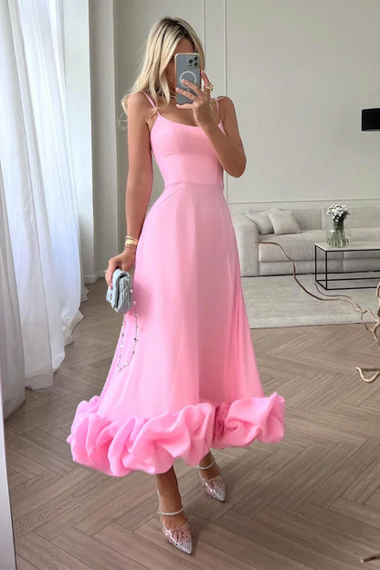 Women’s Adjustable Strap Midi Dress with Ruffled Hem