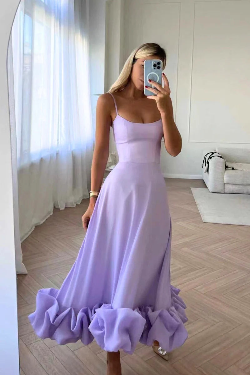 Women’s Adjustable Strap Midi Dress with Ruffled Hem