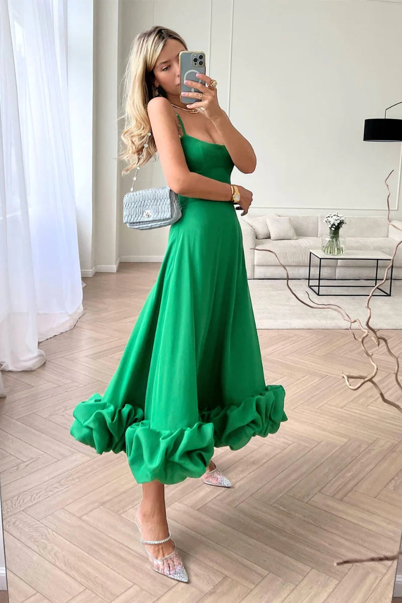 Women’s Adjustable Strap Midi Dress with Ruffled Hem