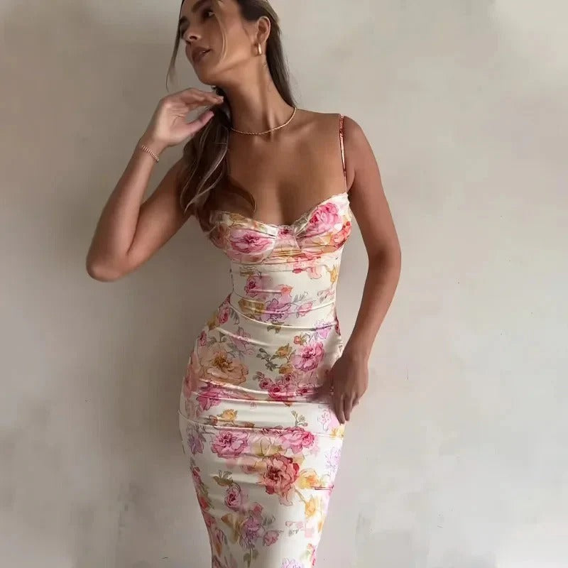 Women’s Bodycon Maxi Dress with Spaghetti Straps and Floral Print