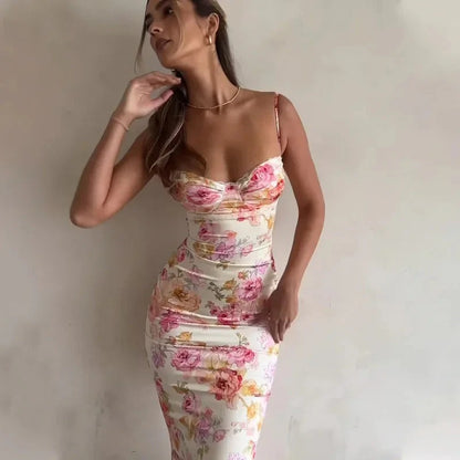 Women’s Bodycon Maxi Dress with Spaghetti Straps and Floral Print