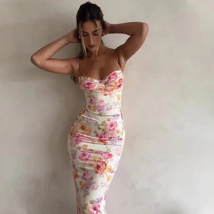 Women’s Bodycon Maxi Dress with Spaghetti Straps and Floral Print