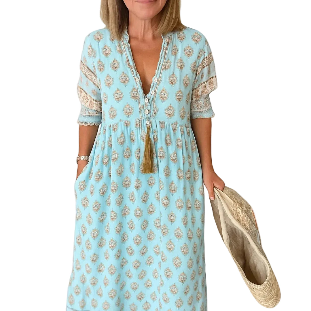 Women’s Boho Midi Dress with V-Neck and Tassel Tie