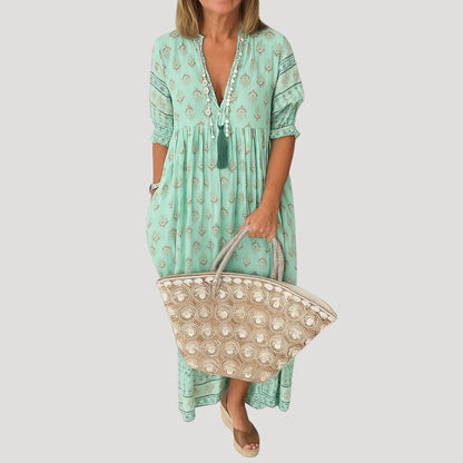 Women’s Boho Midi Dress with V-Neck and Tassel Tie