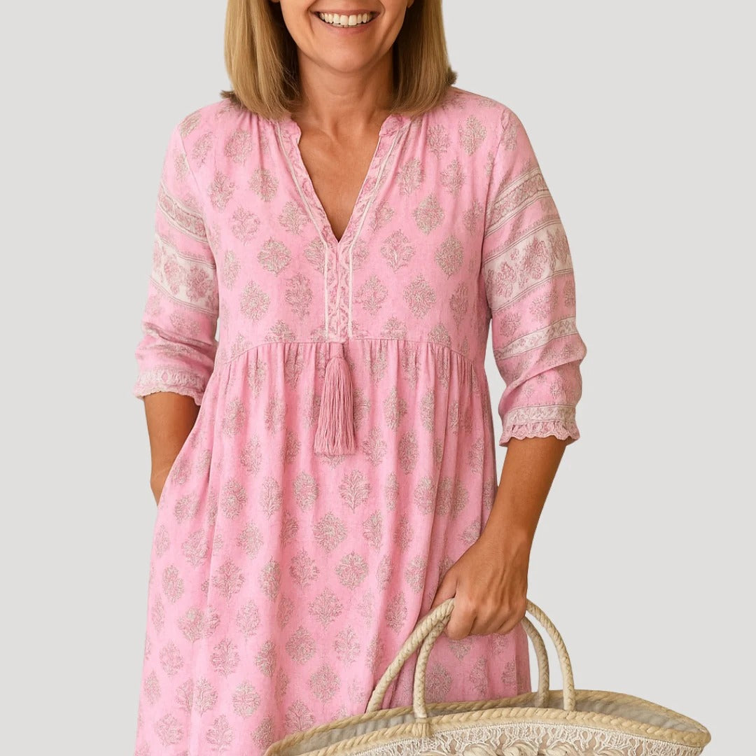 Women’s Boho Midi Dress with V-Neck and Tassel Tie