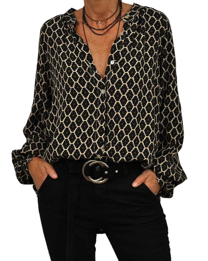 Women’s Button Cuff Sleeve Blouse with Printed Pattern and V-Neck
