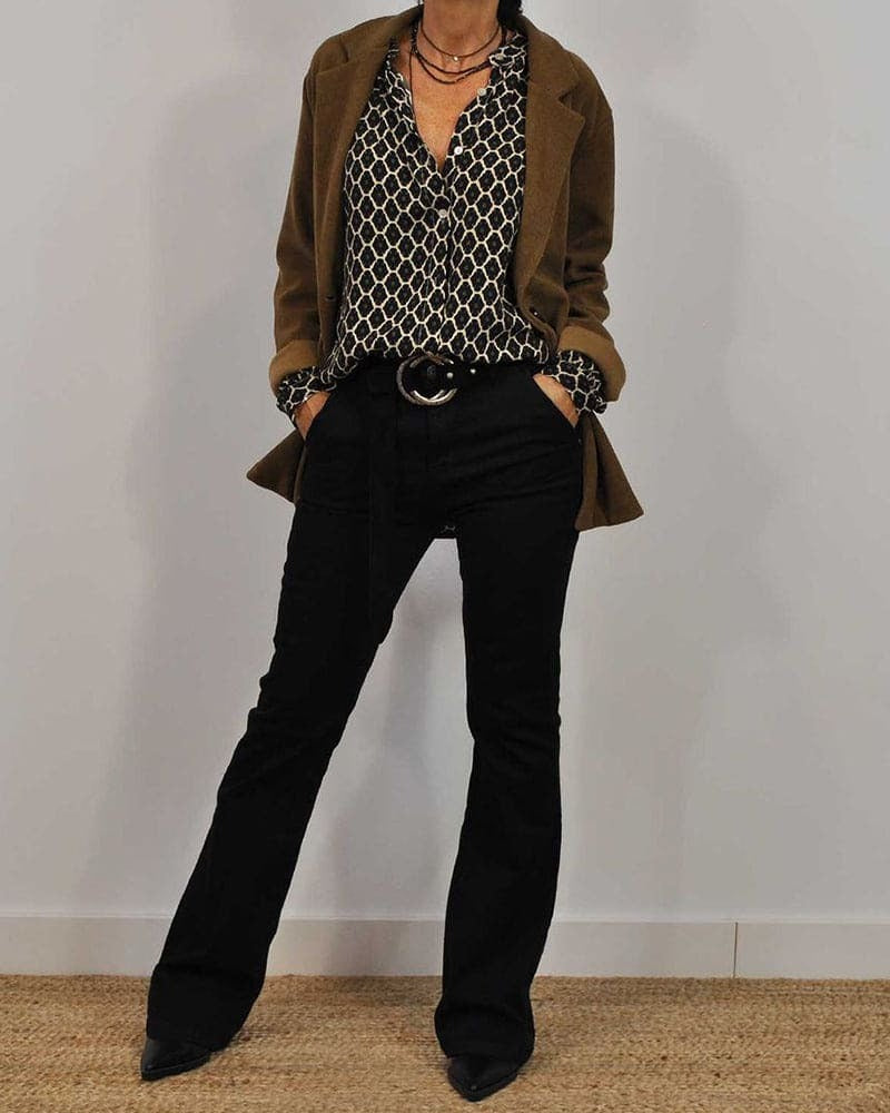 Women’s Button Cuff Sleeve Blouse with Printed Pattern and V-Neck