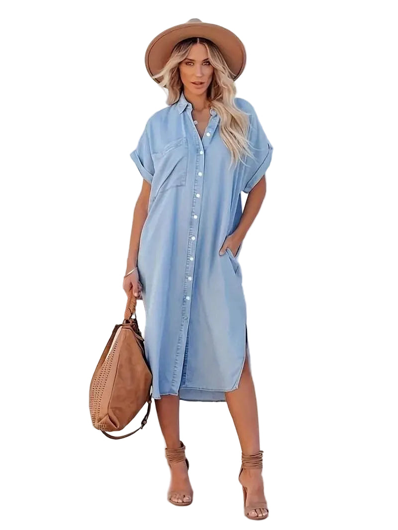 Women’s Button Front Midi Dress with Collar Neck and Side Slit